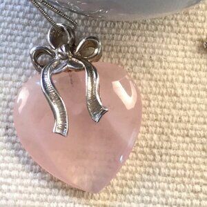 MFA Rose Quartz Heart Pendant with Silver Bow - Soft Romance